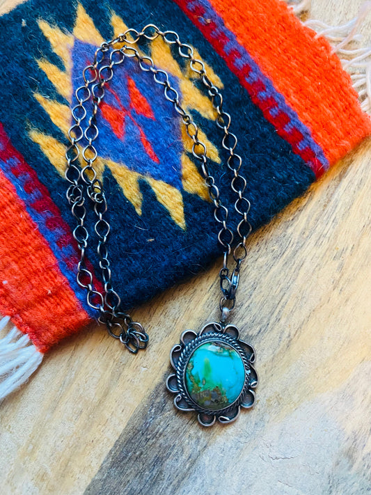 Handcrafted Sterling Silver & Royston Turquoise Necklace Signed