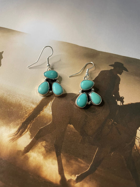 Handcrafted Turquoise And Sterling Silver 3 Stone Dangle Earrings Signed