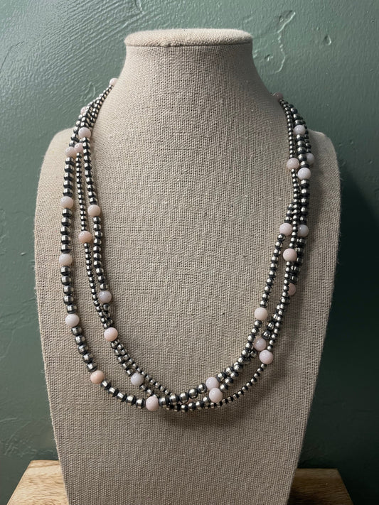 Handcrafted Pink Conch & Sterling Silver 3 Strand Beaded Necklace 20”