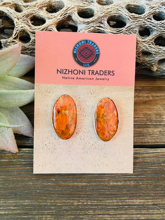 Handcrafted Sterling Silver & Orange Spiny Post Earrings 1.1/8”