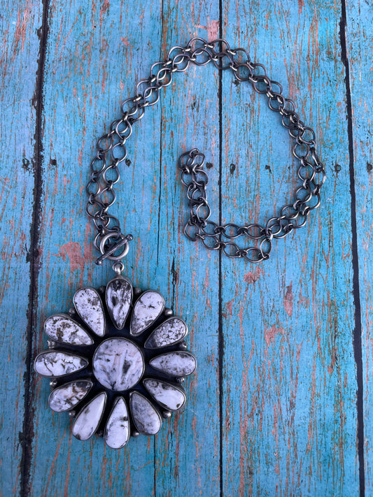 Handcrafted Sterling Silver And White Buffalo Cluster Necklace By Ella Peter