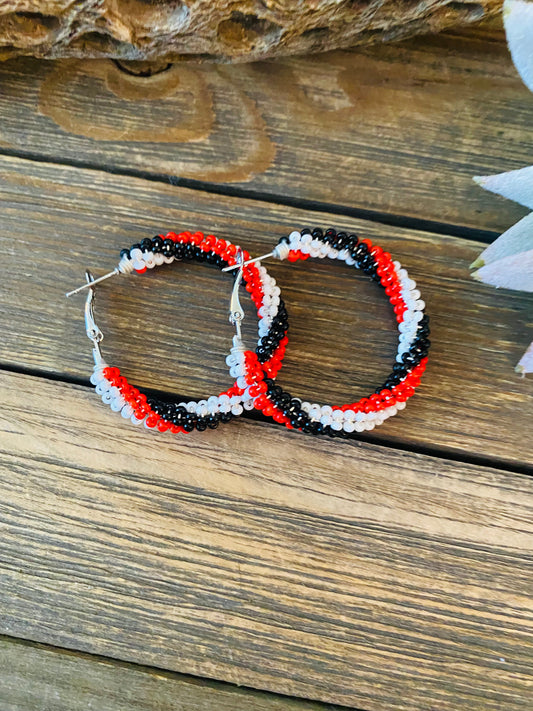 Handcrafted Handmade Beaded Hoop Earrings- red, black
