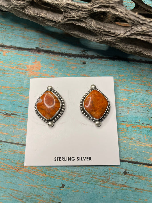 Handcrafted Apple Coral And Sterling Silver Post Earrings Signed