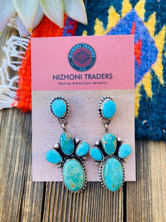 Handcrafted Multi Turquoise & Sterling Silver Cluster Dangle Earrings