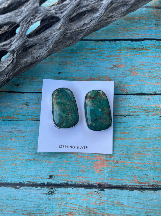 Handcrafted Sterling Silver & Turquoise Post Earrings Signed P Skeets