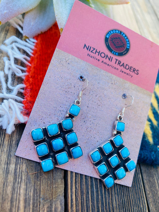 Handcrafted Sleeping Beauty Turquoise & Sterling Silver Cluster Dangle Earrings