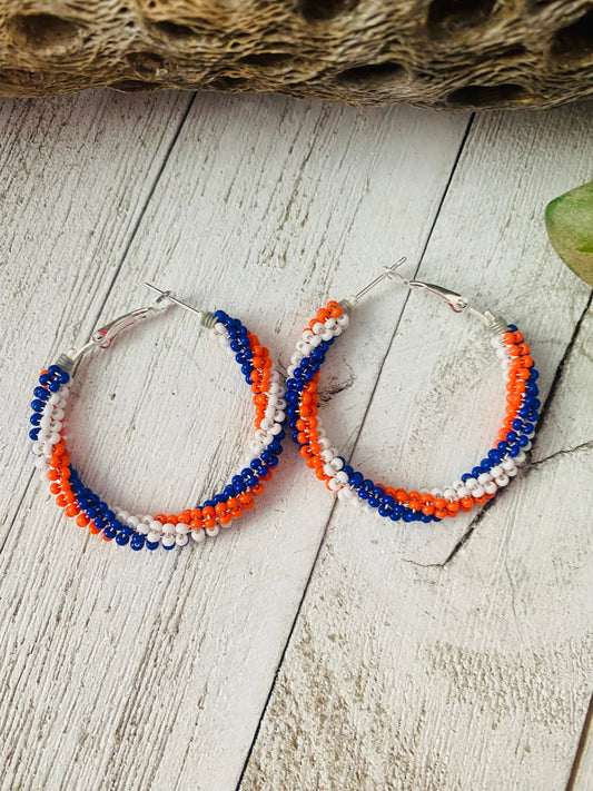 Handcrafted Handmade Beaded Hoop Earrings- red, white, blue