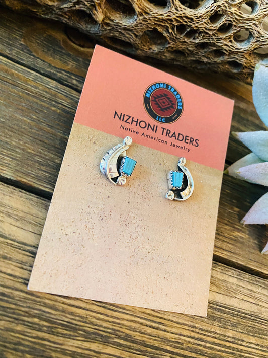Handcrafted Sterling Silver & Turquoise Feather Stud Earrings Signed