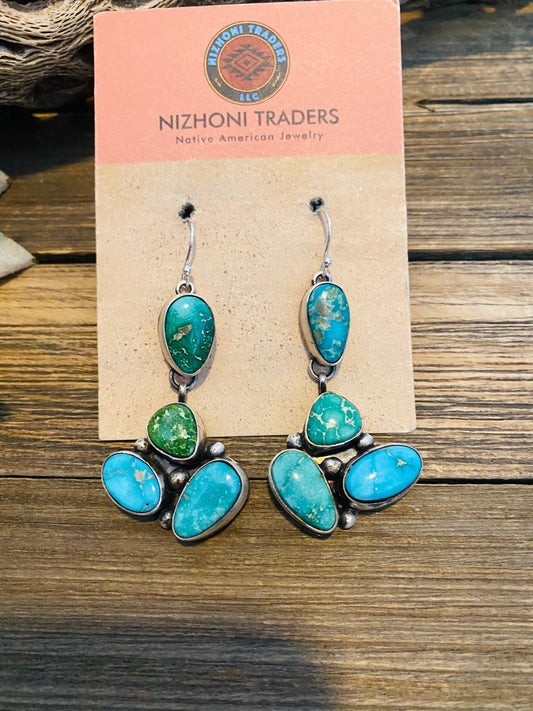 Handcrafted Multi Turquoise & Sterling Silver Cluster Dangle Earrings