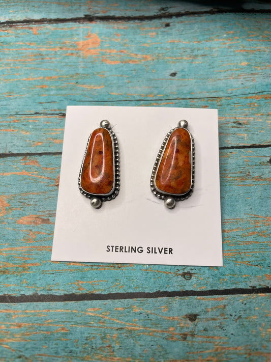 Handcrafted Apple Coral And Sterling Silver Post Earrings Signed