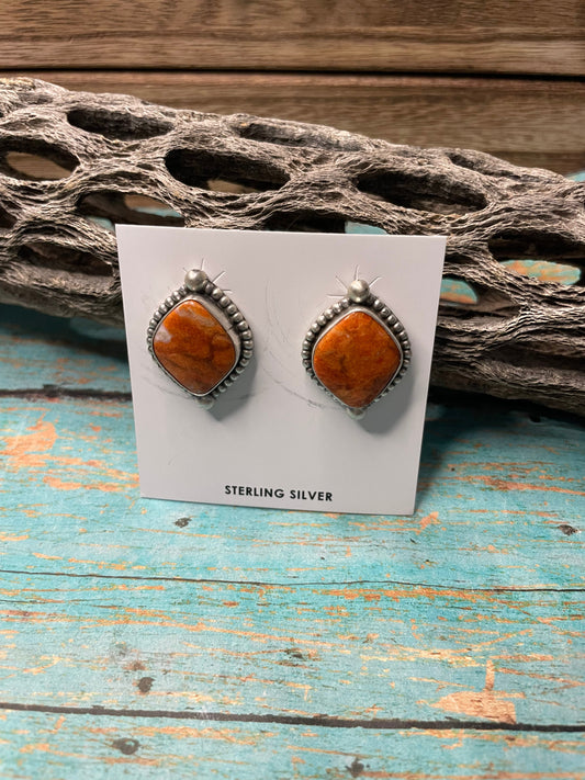 Handcrafted Apple Coral And Sterling Silver Post Earrings Signed