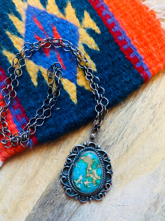 Handcrafted Sterling Silver & Royston Turquoise Necklace Signed