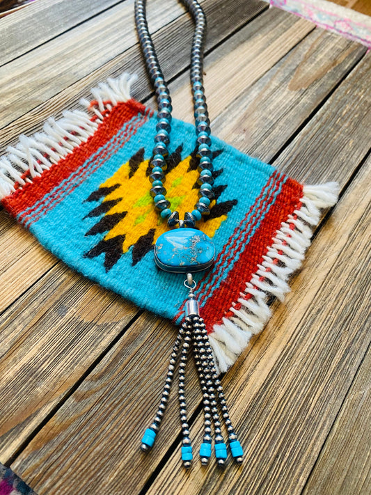 Handcrafted Turquoise & Sterling Silver Pearl Beaded Tassel Necklace