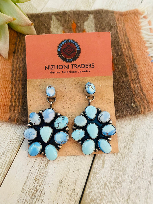 Handcrafted Golden Hills Turquoise & Sterling Silver Cluster Dangle Earrings