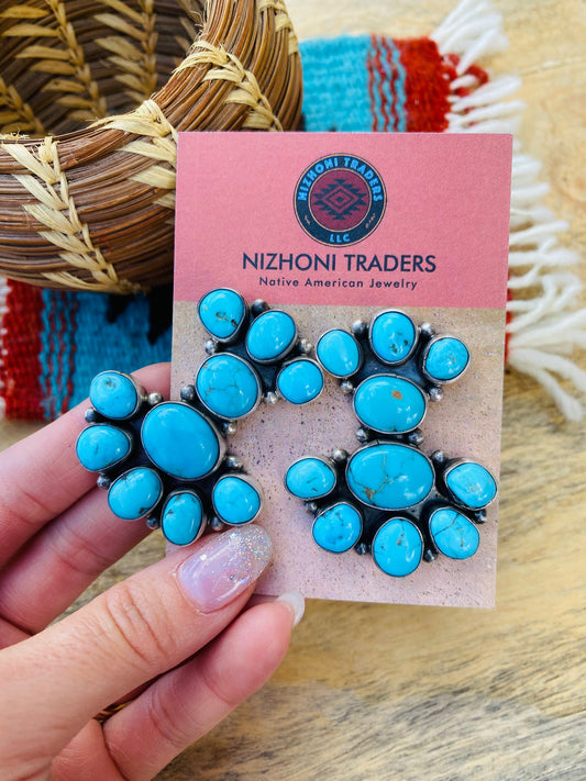 Handcrafted Sterling Silver & Kingman Turquoise Cluster Earrings