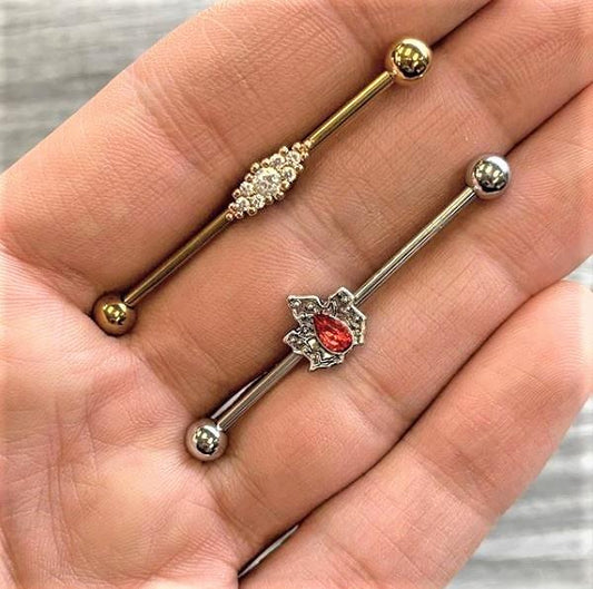 14G Red Gem Holiday Holly Leaf Christmas Industrial Barbell 38mm