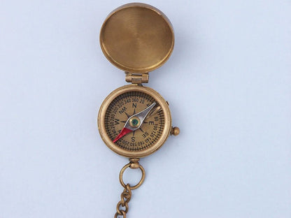Antique Brass Compass w/ Lid Key Chain 5""