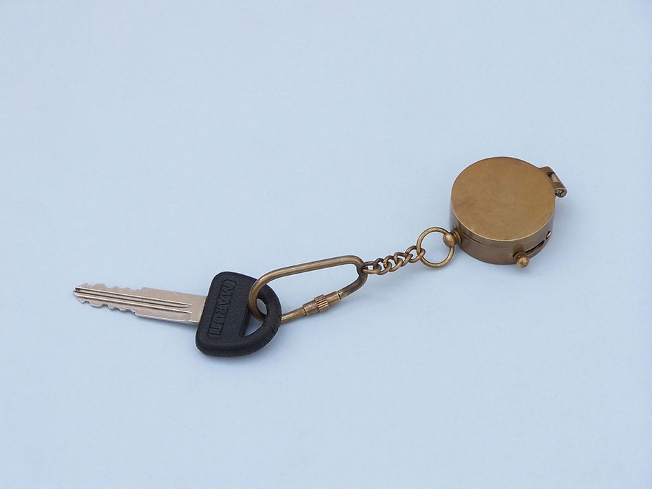 Antique Brass Compass w/ Lid Key Chain 5""