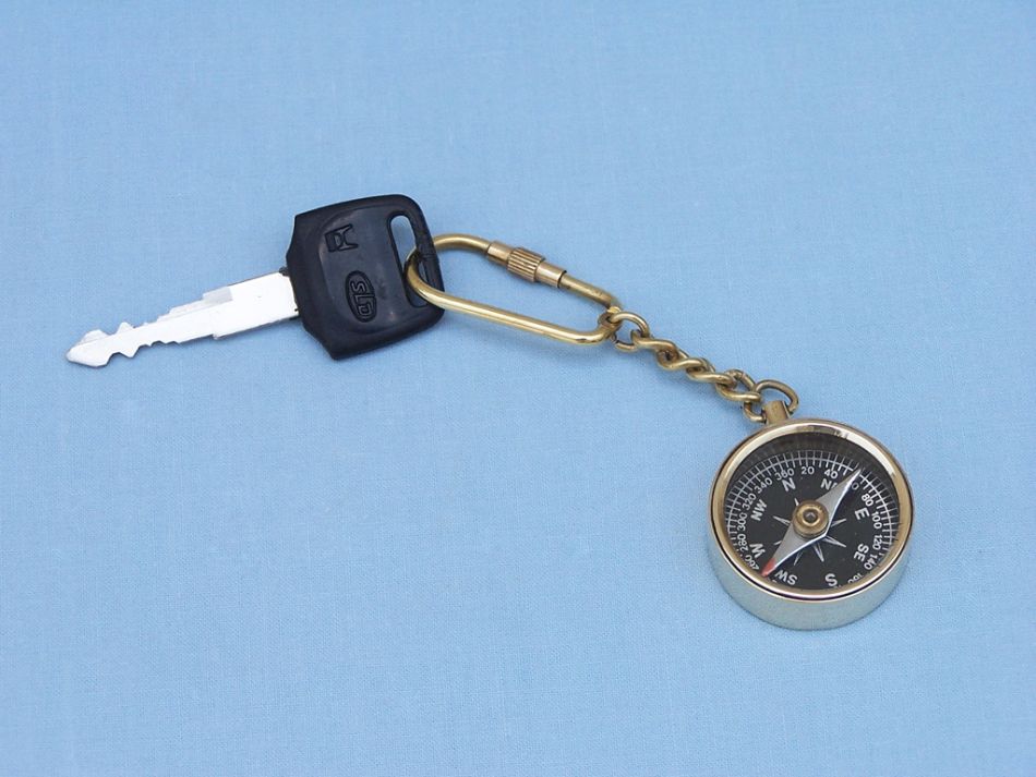 Solid Brass Compass Key Chain 5""