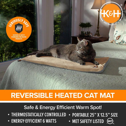 K&H Thermo-Kitty Mat Heated Cat Bed – Indoor Reversible Heated Cat Mat, Low-Wattage, Machine Washable, Cozy Nap Pad