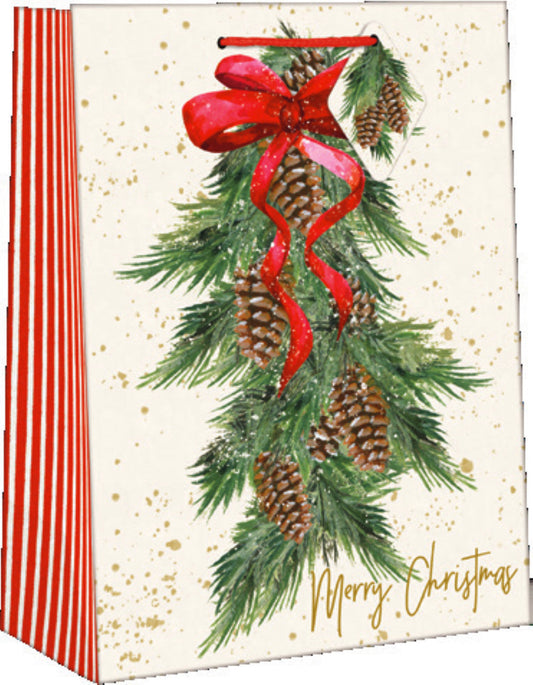 Traditional Large Christmas Gift Bag - Pinecone Swag