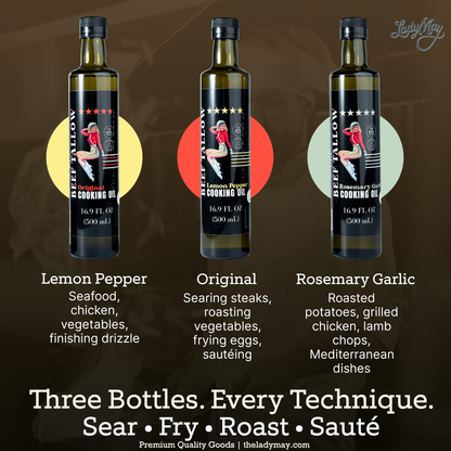 Cooking Oil Trio Bundle | Grass-Fed Beef Tallow & Olive Oil | Original, Rosemary Garlic & Lemon Pepper | Clean High-Heat Cooking from Our Restaurant Kitchen