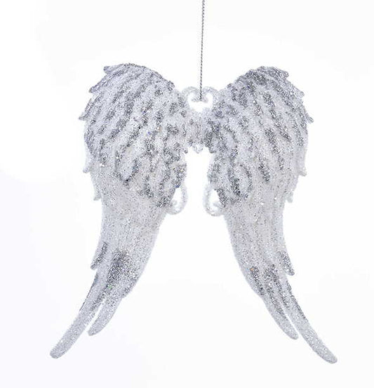 White With Silver Glitter Angel Wings Acrylic Ornament - Dark