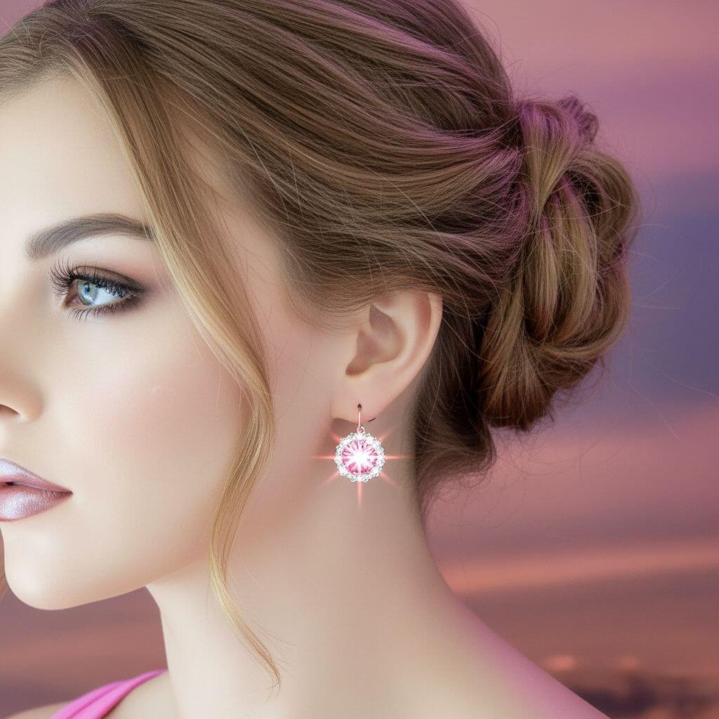 Handmade Beaded Bezel Pink Crystal Halo Earrings