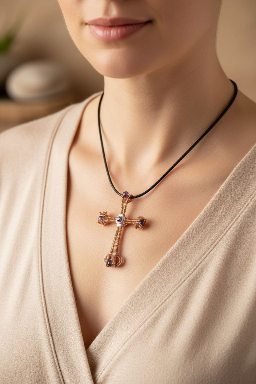 Large Wire Woven Copper Silver Amethyst Cross Necklace