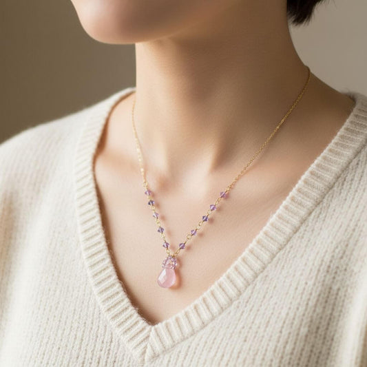 Lavender Chalcedony and Crystal Gold Filled Necklace