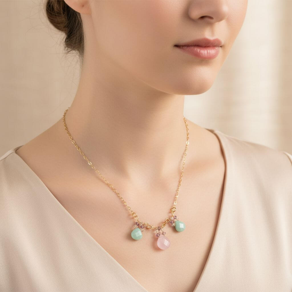 Gold Filled Light Pink and Mint Chalcedony Chain Necklace