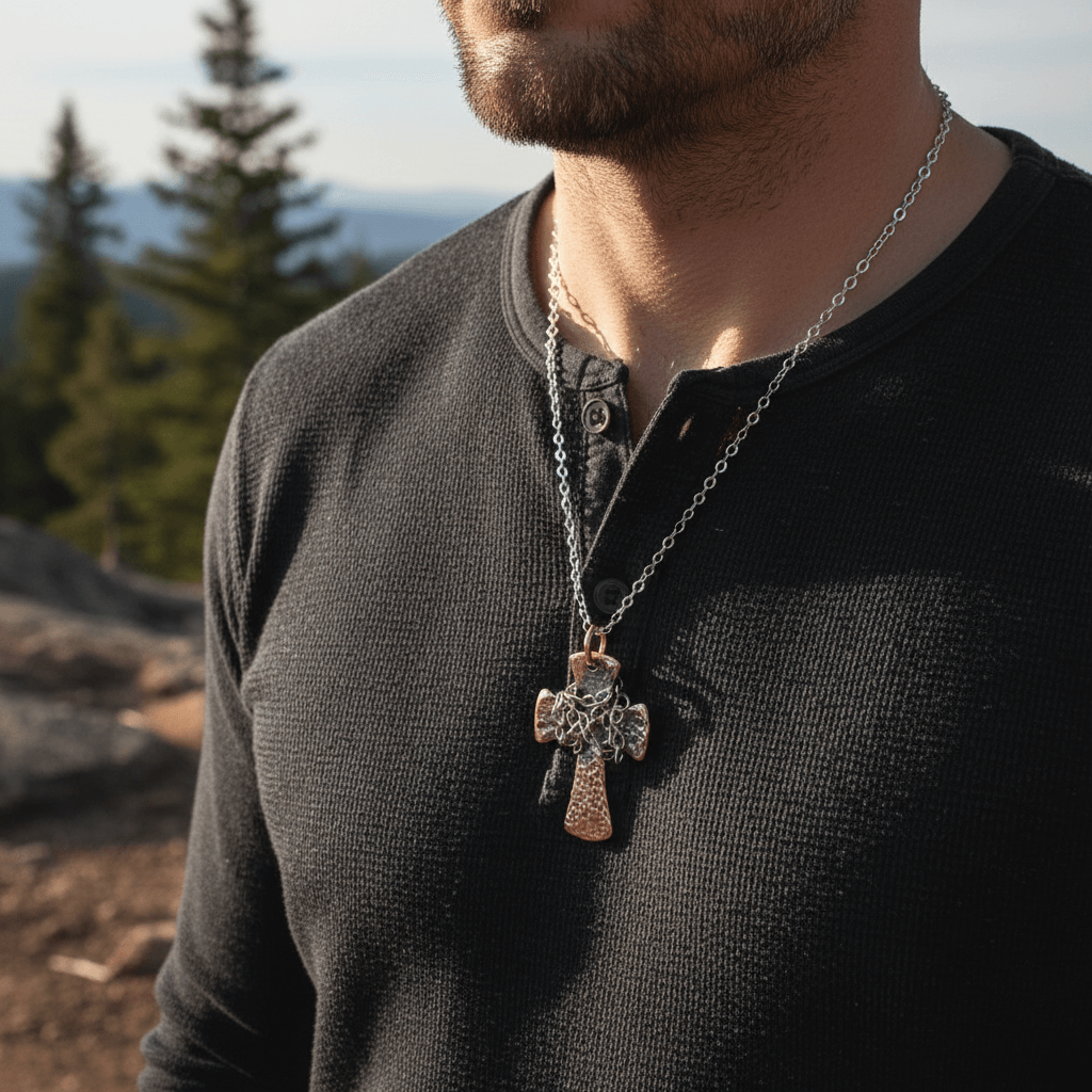 Chained Hammered Copper Cross Necklace For Him Or Her