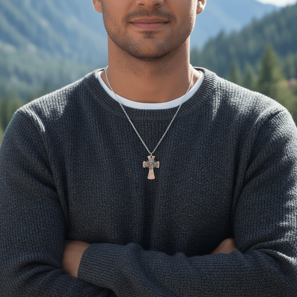 Chained Hammered Copper Cross Necklace For Him Or Her