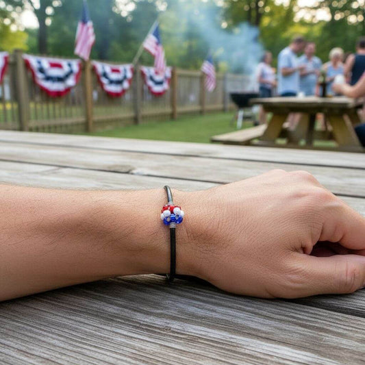Patriotic Red White Blue Beaded Bead Leather Bracelet