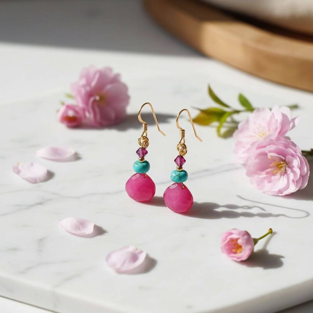 Gold Filled Wire Wrapped Pink And Aqua Gemstone Earrings