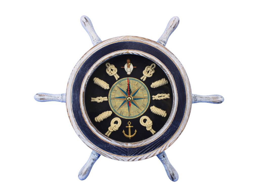 Wooden Rustic White and Blue Ship Wheel Knot Faced Clock 12""