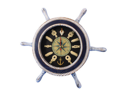 Wooden Rustic White and Blue Ship Wheel Knot Faced Clock 12""