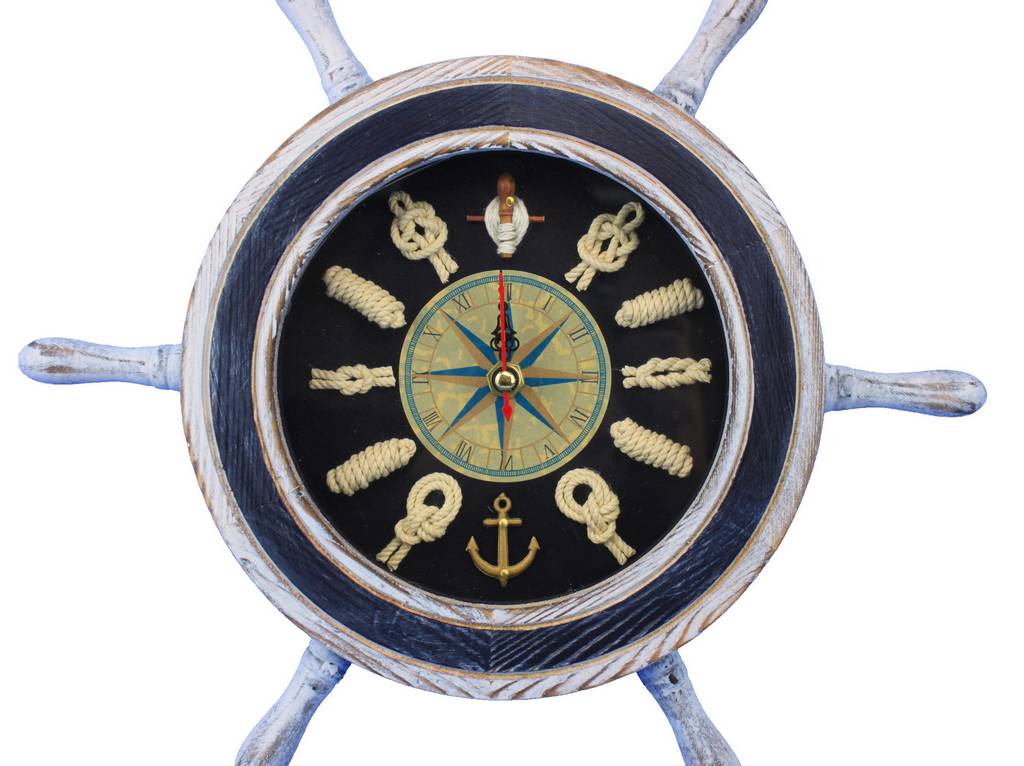 Wooden Rustic White and Blue Ship Wheel Knot Faced Clock 12""
