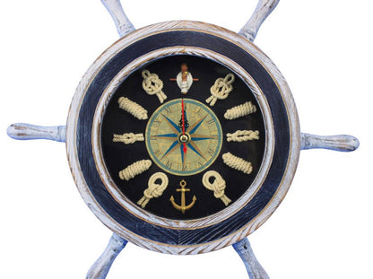 Wooden Rustic White and Blue Ship Wheel Knot Faced Clock 12""