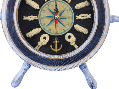 Wooden Rustic White and Blue Ship Wheel Knot Faced Clock 12""