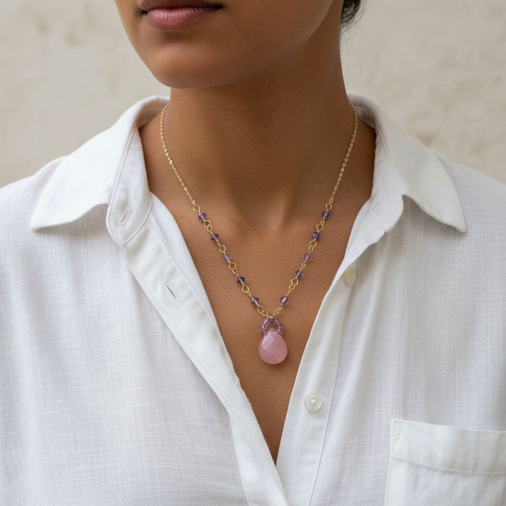Lavender Chalcedony and Crystal Gold Filled Necklace