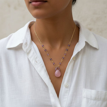 Lavender Chalcedony and Crystal Gold Filled Necklace