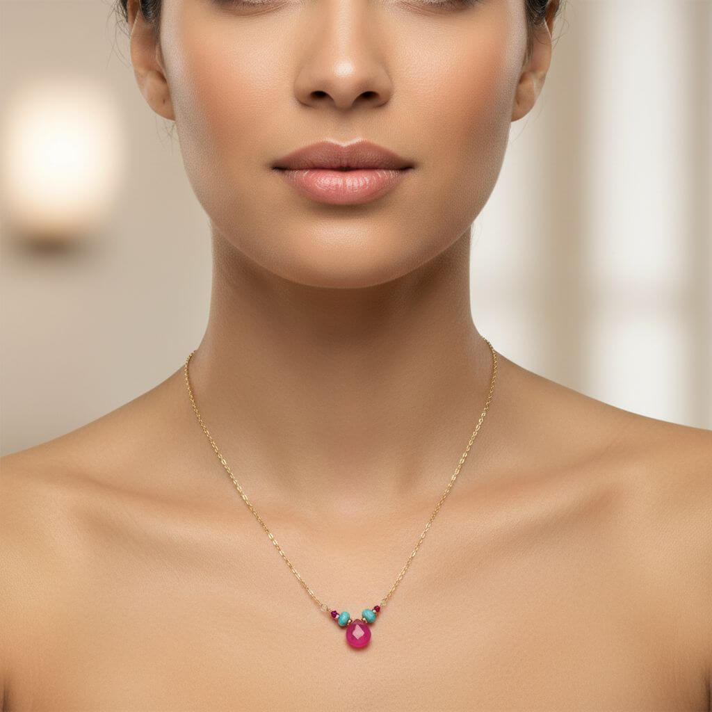 Pink Chalcedony Drop and Turquoise Gold Filled Necklace
