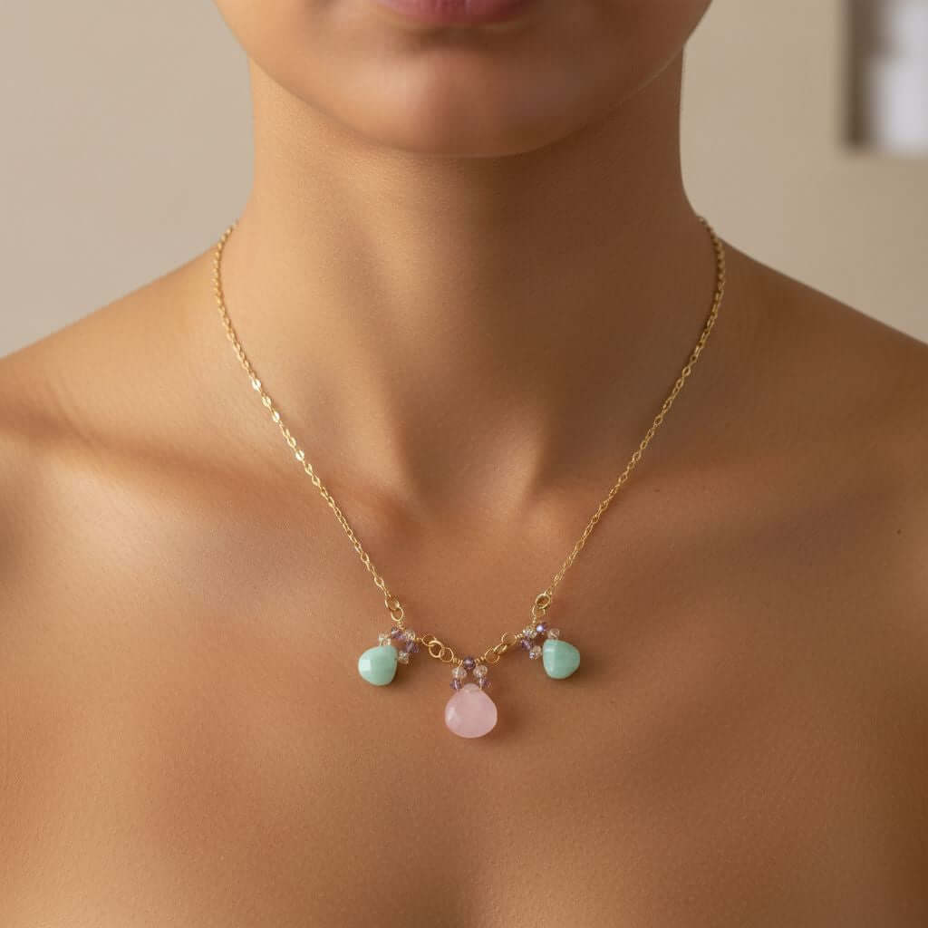 Gold Filled Light Pink and Mint Chalcedony Chain Necklace