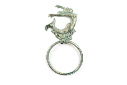 Antique Seaworn Bronze Cast Iron Arching Mermaid Towel Holder 9""