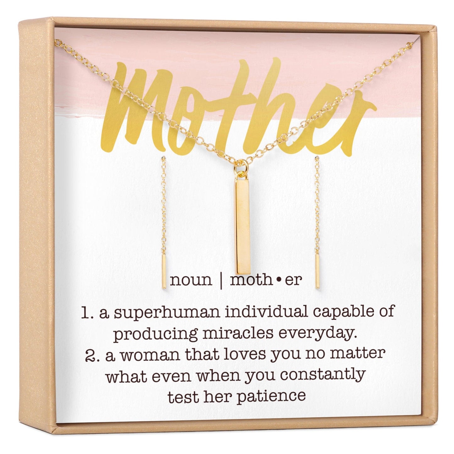 Mother Gold Bar Earring Threader and Necklace Jewelry Set