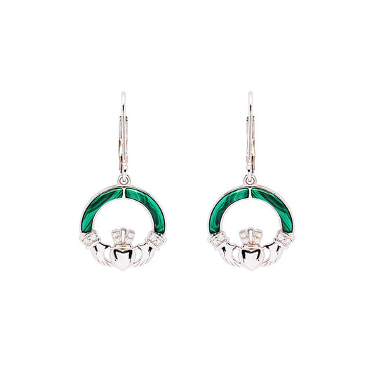 Green Malachite Sterling Silver Claddagh Drop Earrings