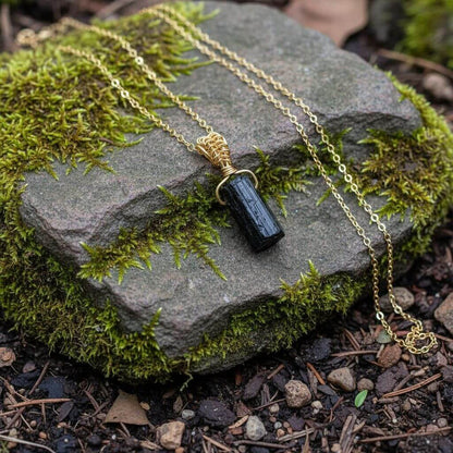Wire Wrapped Raw Black Tourmaline Gemstone Necklace - 20 Inch