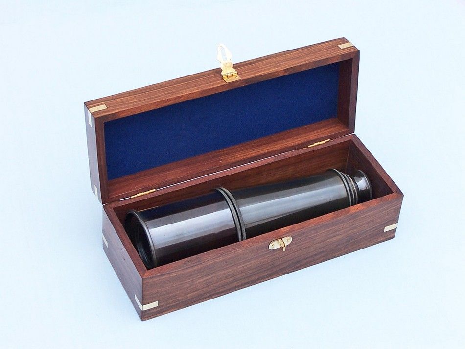 Deluxe Class Oil Rubbed Bronze Antique Admiral's Spyglass Telescope 27"" with Rosewood Box