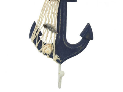 Wooden Rustic Decorative Blue Anchor with Hook 7""
